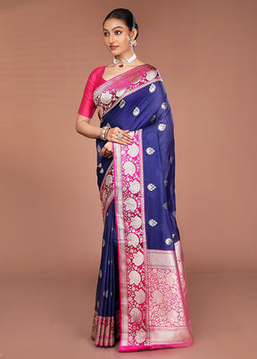 Blue Katan Silk Saree With Blouse Piece
