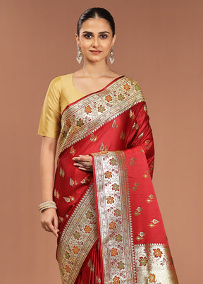 Maroon Banarasi Silk Saree With Blouse Piece