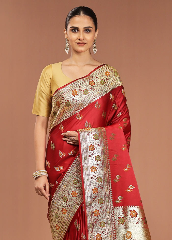 Maroon Banarasi Silk Saree With Blouse Piece