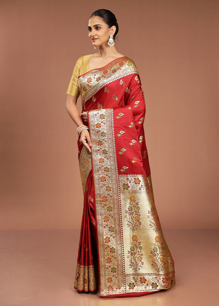Maroon Banarasi Silk Saree With Blouse Piece