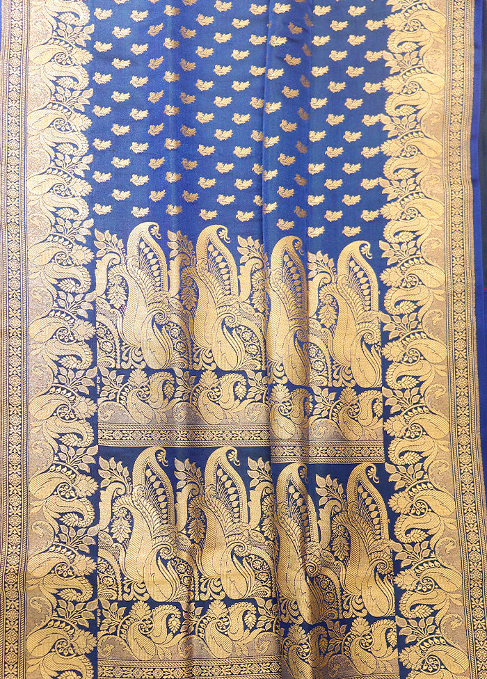 Blue Handloom Banarasi Pure Silk Saree With Blouse Piece