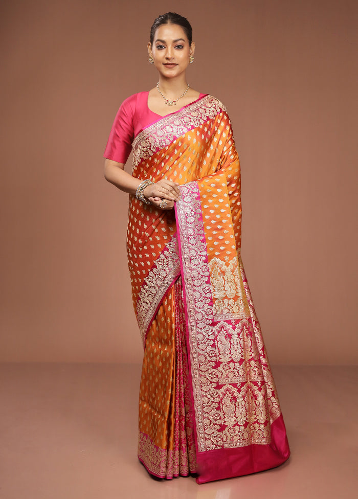 Rust Handloom Banarasi Pure Silk Saree With Blouse Piece