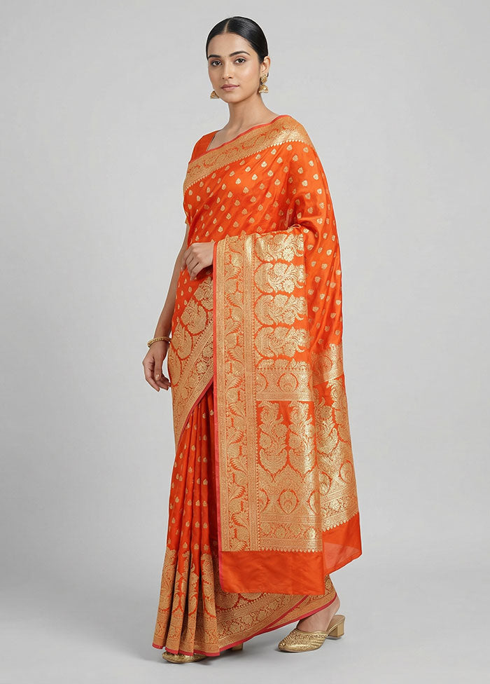 Orange Handloom Banarasi Pure Silk Saree With Blouse Piece