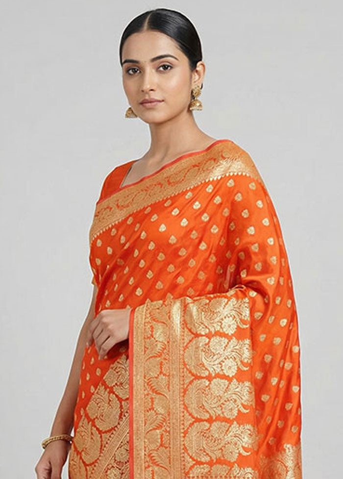Orange Handloom Banarasi Pure Silk Saree With Blouse Piece