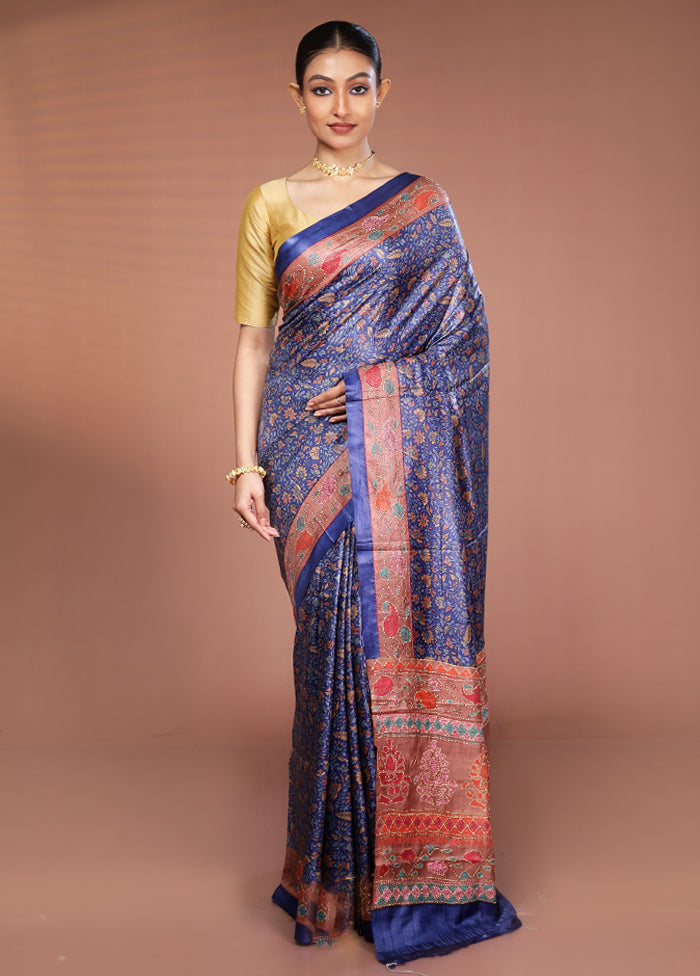 Blue Handloom Tussar Pure Silk Saree With Blouse Piece