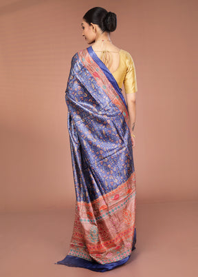 Blue Handloom Tussar Pure Silk Saree With Blouse Piece