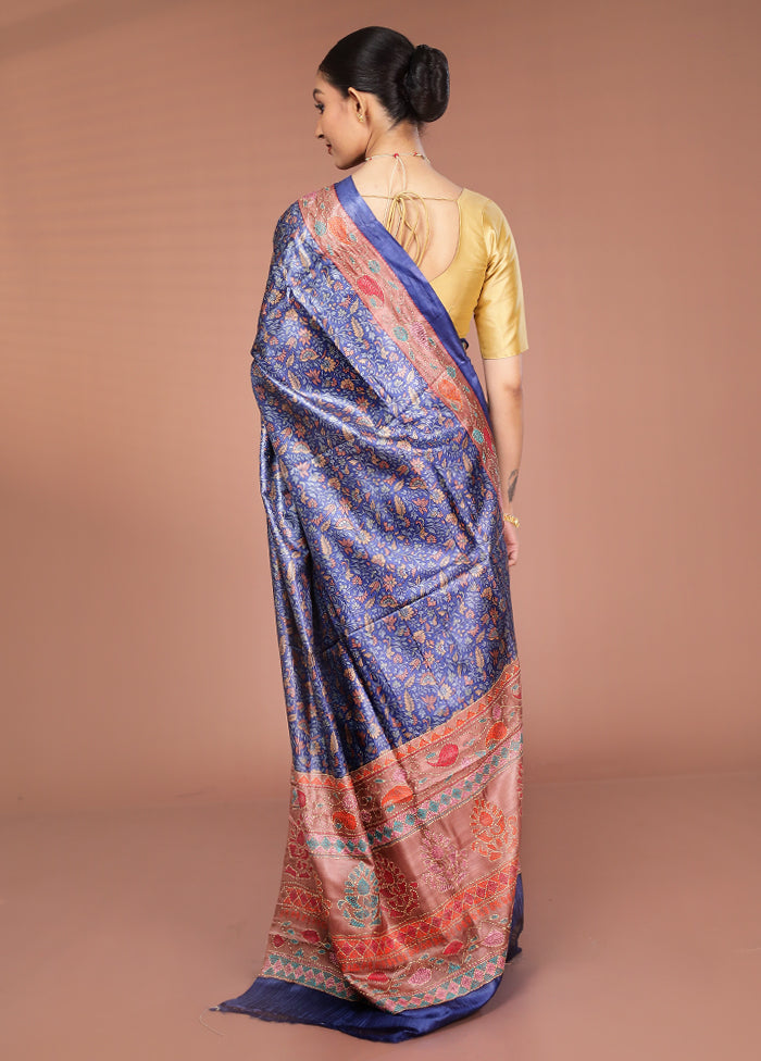 Blue Handloom Tussar Pure Silk Saree With Blouse Piece