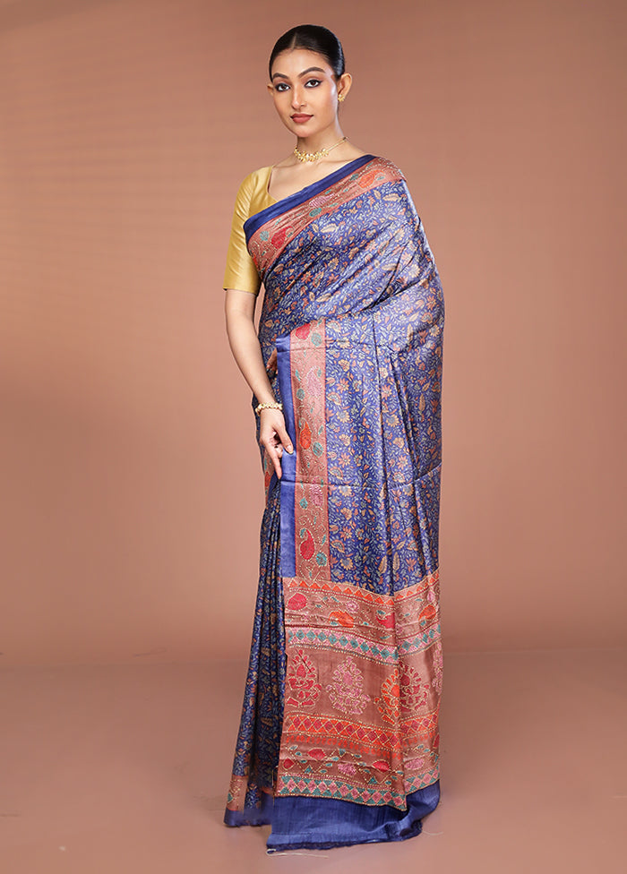 Blue Handloom Tussar Pure Silk Saree With Blouse Piece