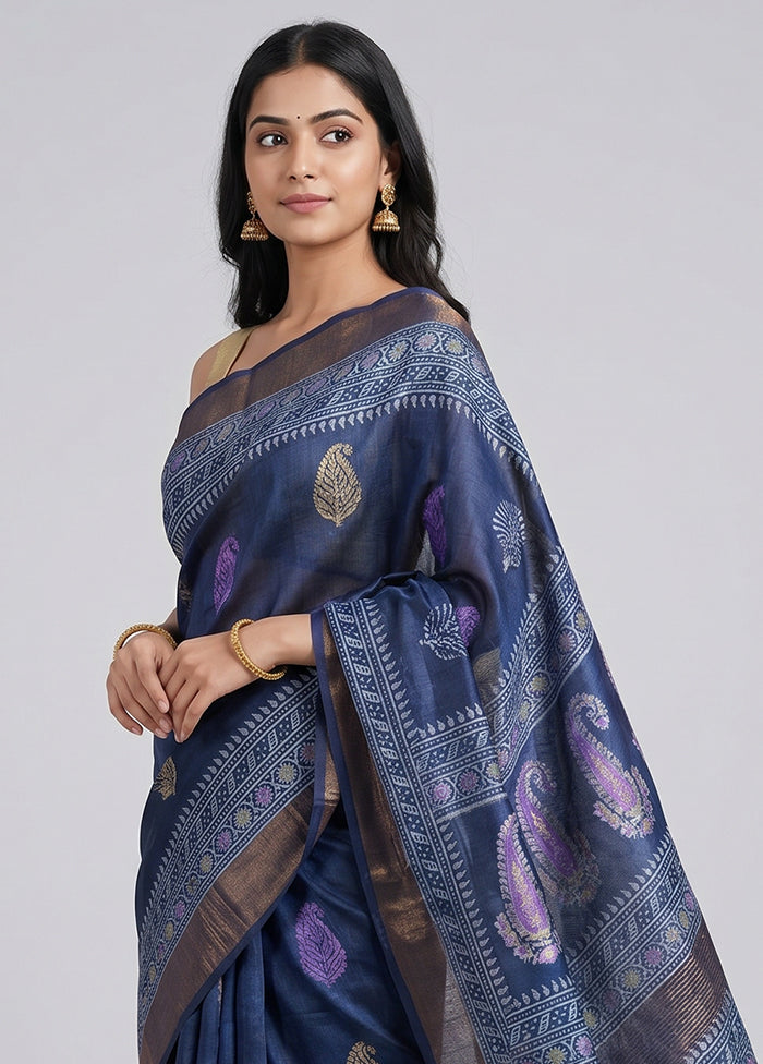 Blue Handloom Tussar Pure Silk Saree With Blouse Piece