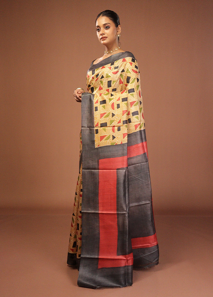 Yellow Handloom Tussar Pure Silk Saree With Blouse Piece