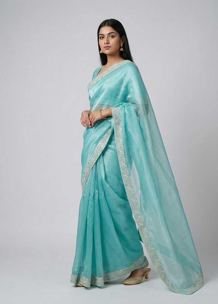 Blue Tissue Silk Saree With Blouse Piece