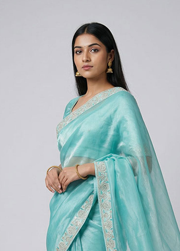 Blue Tissue Silk Saree With Blouse Piece