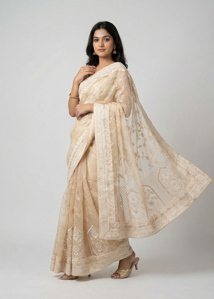 Cream Net Saree With Blouse Piece