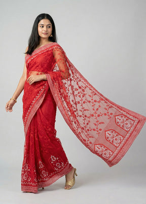 Pink Net Saree With Blouse Piece