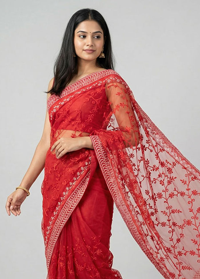 Pink Net Saree With Blouse Piece