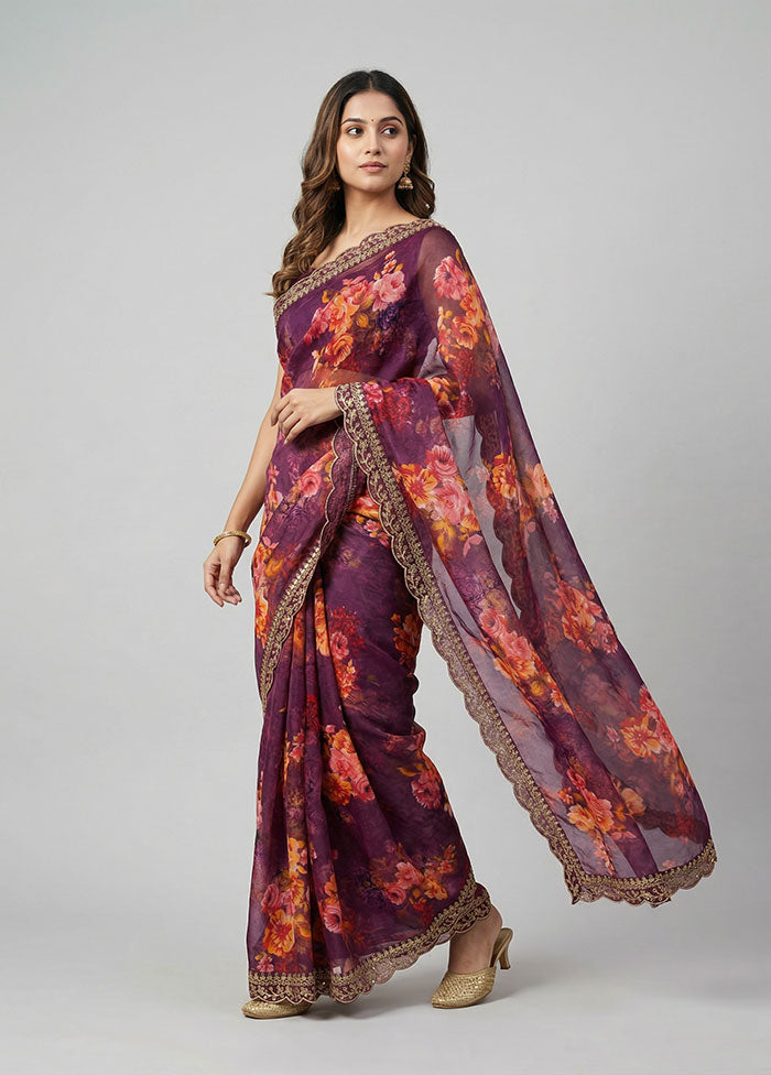 Purple Chiffon Silk Saree With Blouse Piece