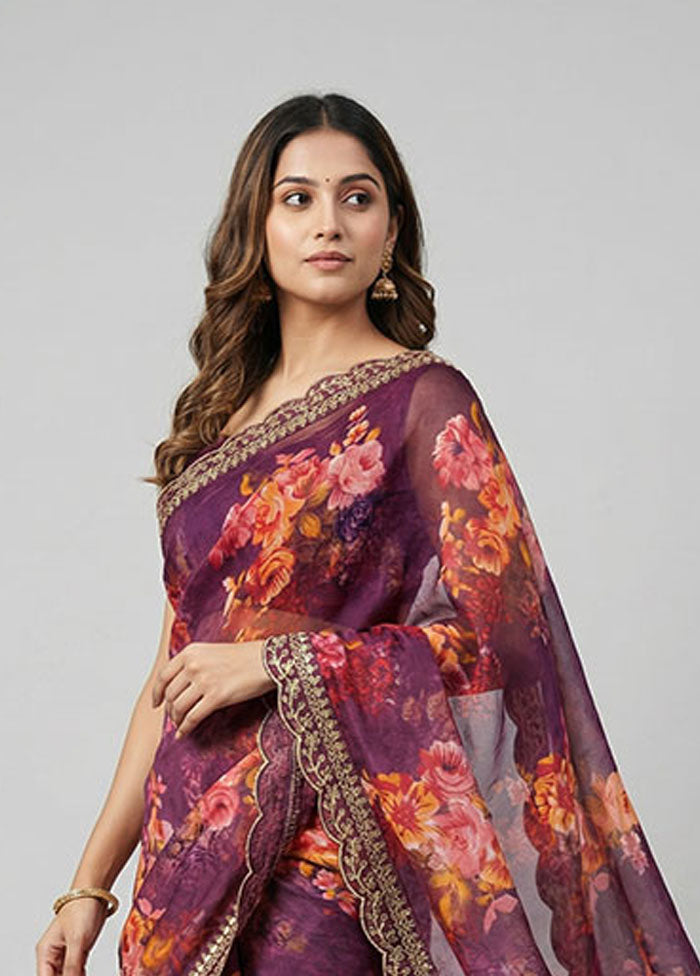 Purple Chiffon Silk Saree With Blouse Piece