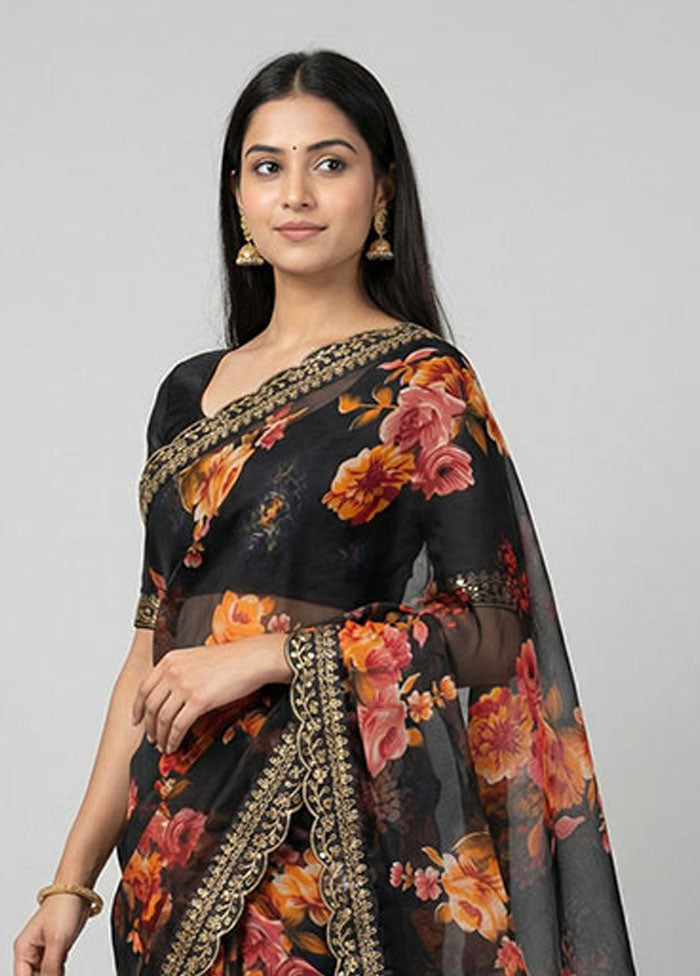 Black Chiffon Silk Saree With Blouse Piece