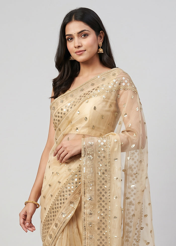 Cream Net Saree With Blouse Piece