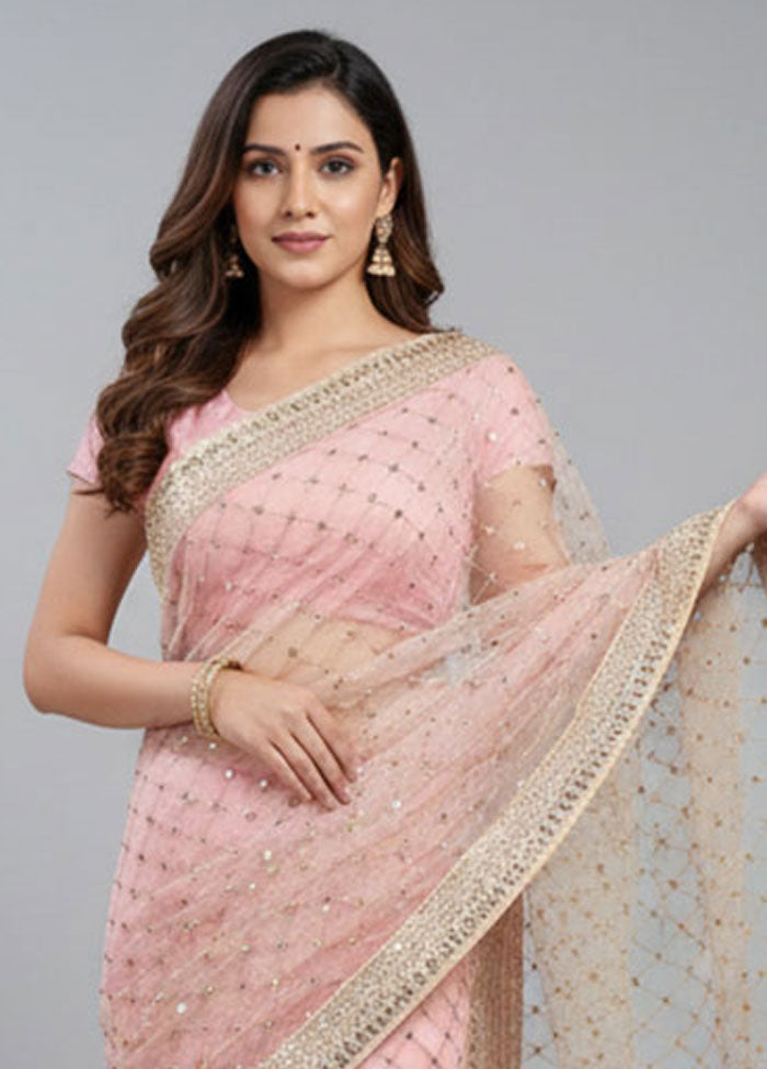 Pink Net Saree With Blouse Piece