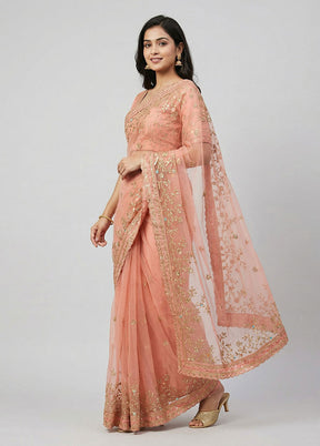Pink Net Saree With Blouse Piece