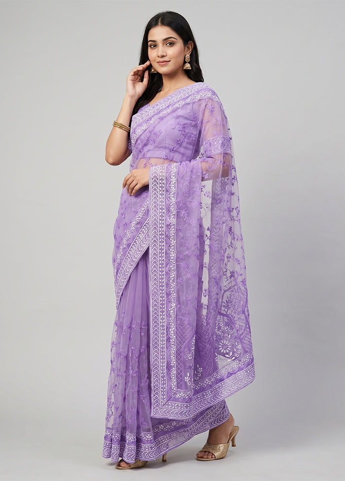 Purple Net Saree With Blouse Piece
