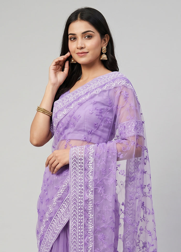 Purple Net Saree With Blouse Piece