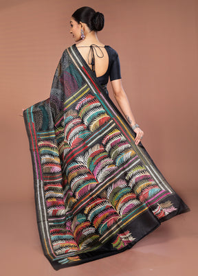 Black Handloom Kantha Stitch Pure Silk Saree With Blouse Piece