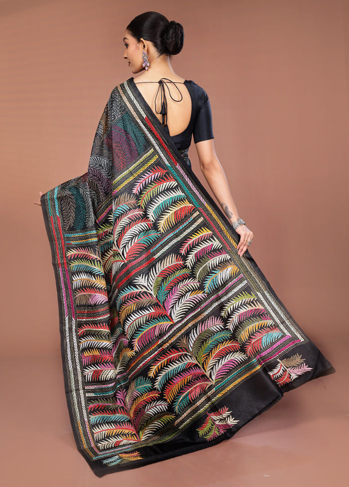Black Handloom Kantha Stitch Pure Silk Saree With Blouse Piece