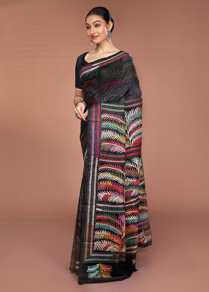 Black Handloom Kantha Stitch Pure Silk Saree With Blouse Piece