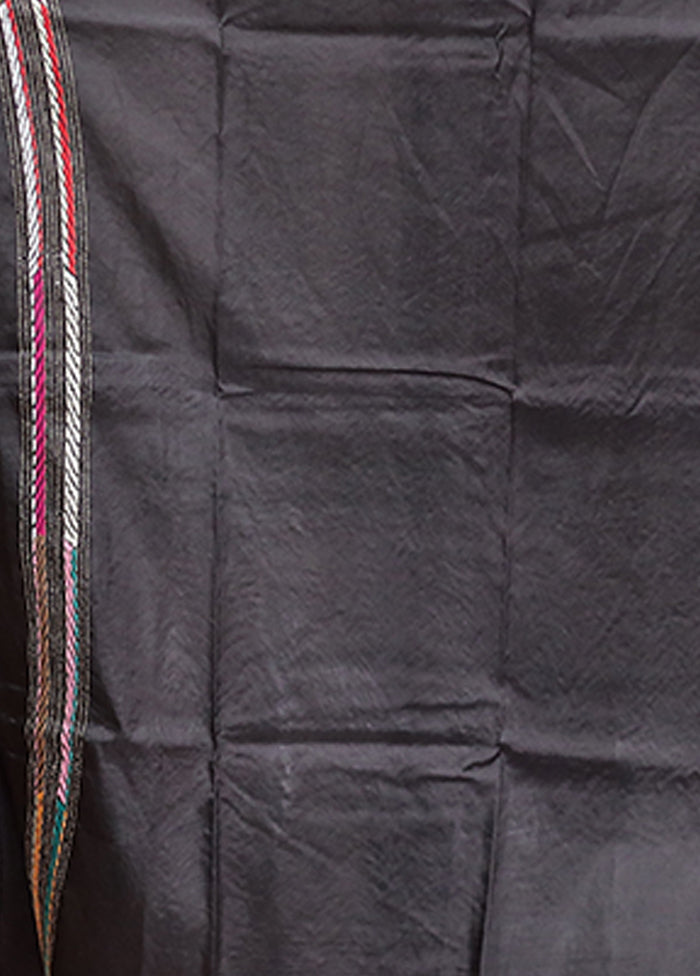 Black Handloom Kantha Stitch Pure Silk Saree With Blouse Piece