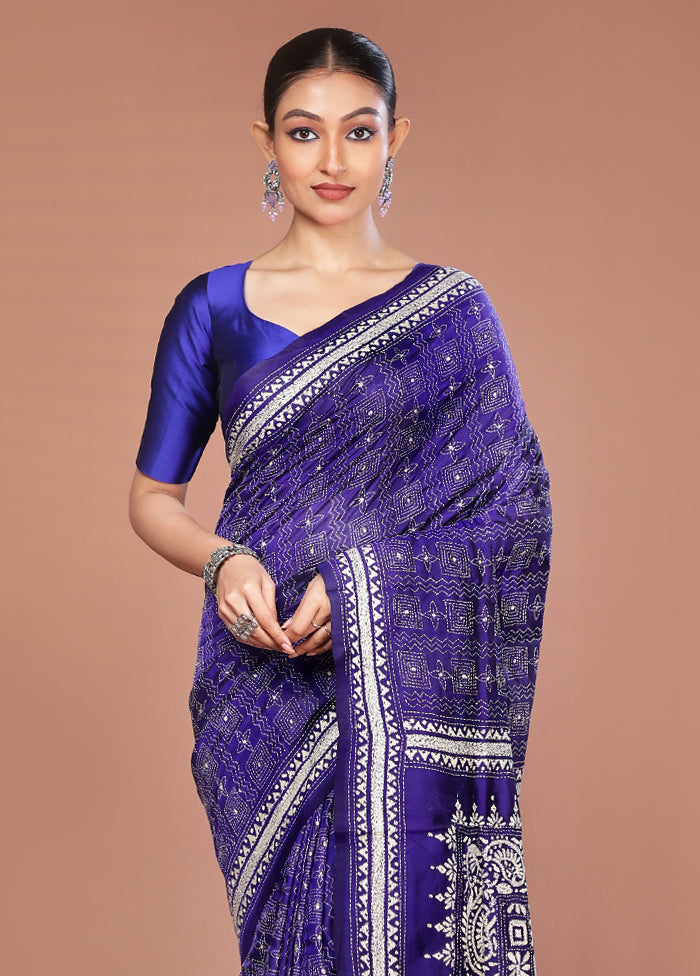 Blue Handloom Kantha Stitch Pure Silk Saree With Blouse Piece