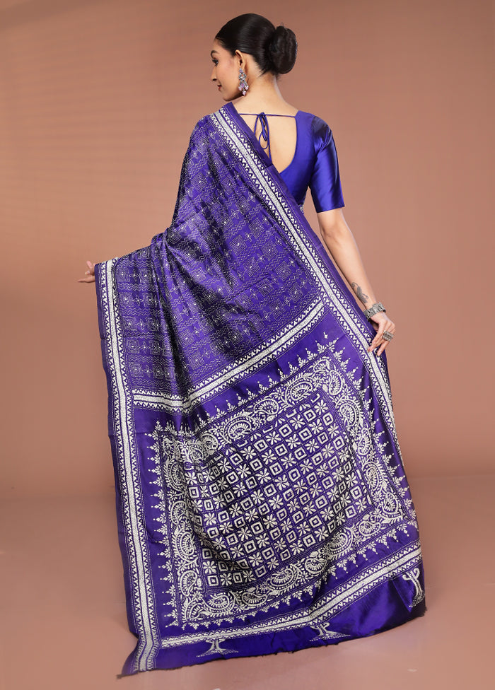 Blue Handloom Kantha Stitch Pure Silk Saree With Blouse Piece