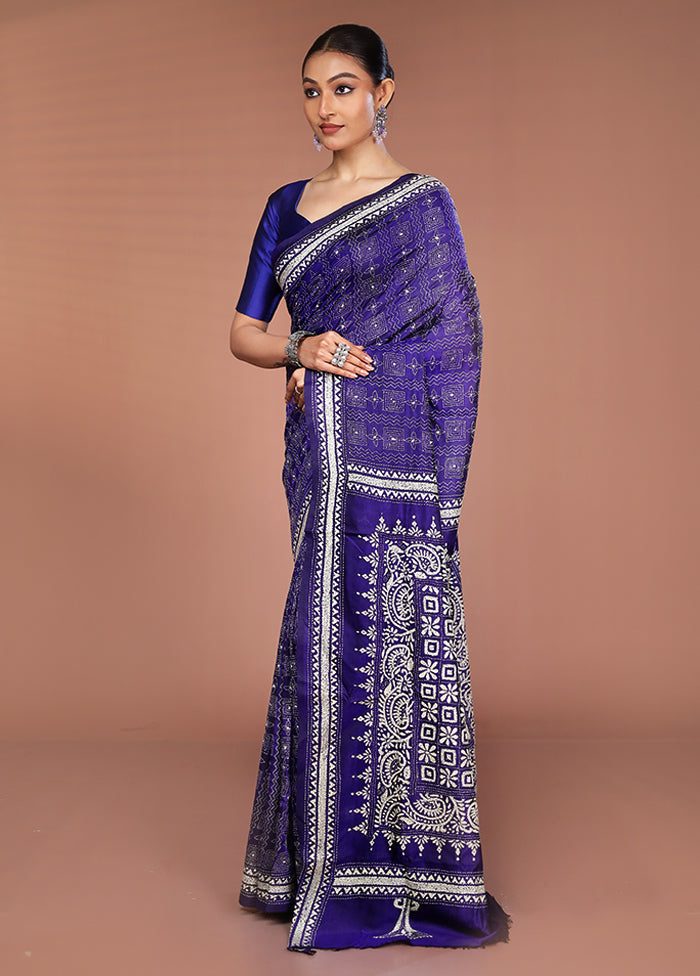 Blue Handloom Kantha Stitch Pure Silk Saree With Blouse Piece