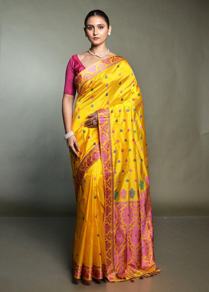 Yellow Handloom Assam Pure Silk Saree With Blouse Piece