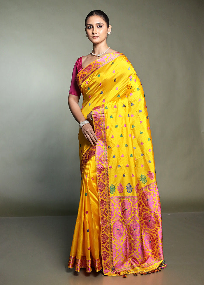 Yellow Handloom Assam Pure Silk Saree With Blouse Piece