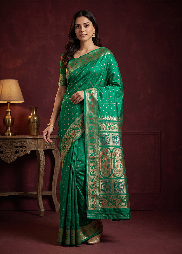 Green Handloom Baluchari Pure Silk Saree With Blouse Piece