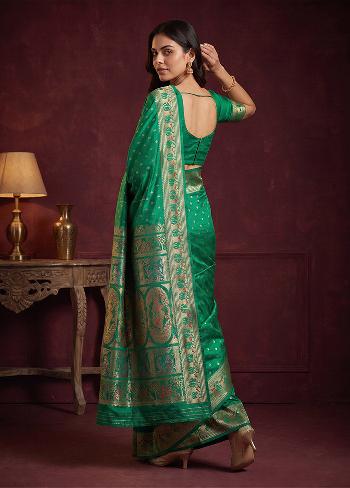 Green Handloom Baluchari Pure Silk Saree With Blouse Piece
