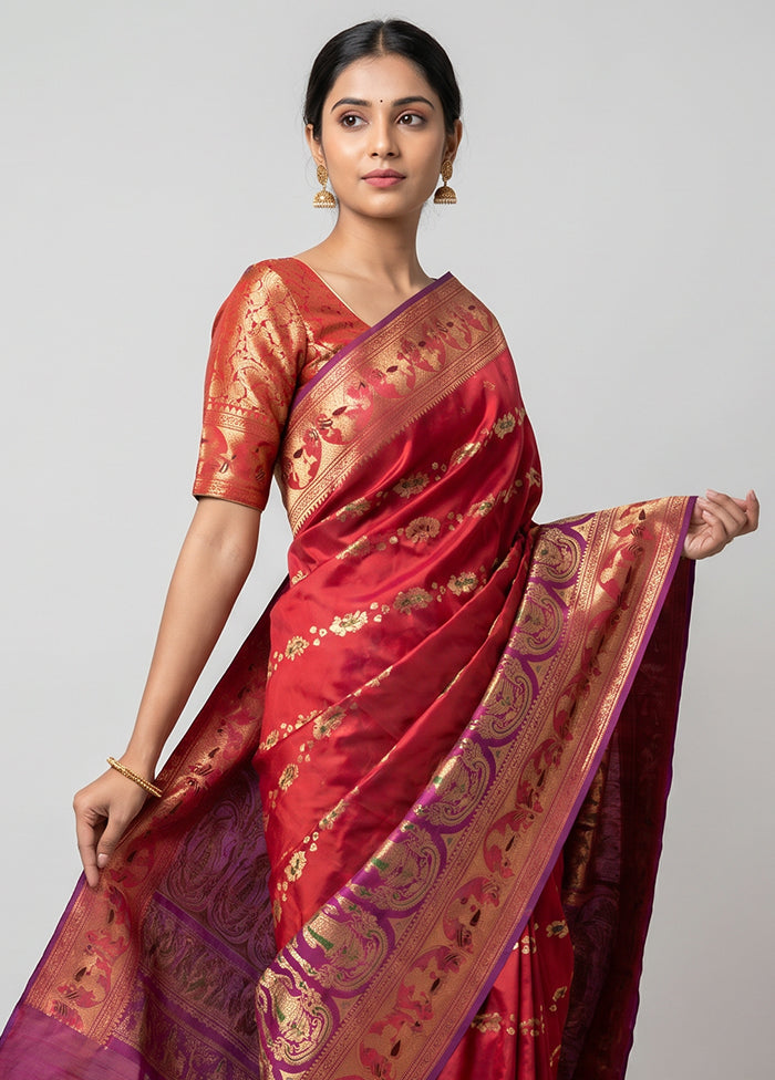 Purple Handloom Baluchari Pure Silk Saree With Blouse Piece