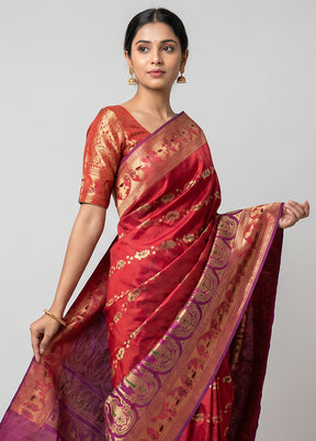 Purple Handloom Baluchari Pure Silk Saree With Blouse Piece