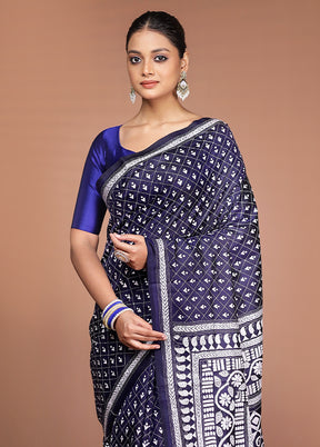 Blue Handloom Kantha Stitch Pure Silk Saree With Blouse Piece