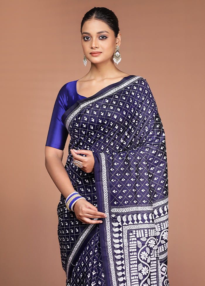 Blue Handloom Kantha Stitch Pure Silk Saree With Blouse Piece