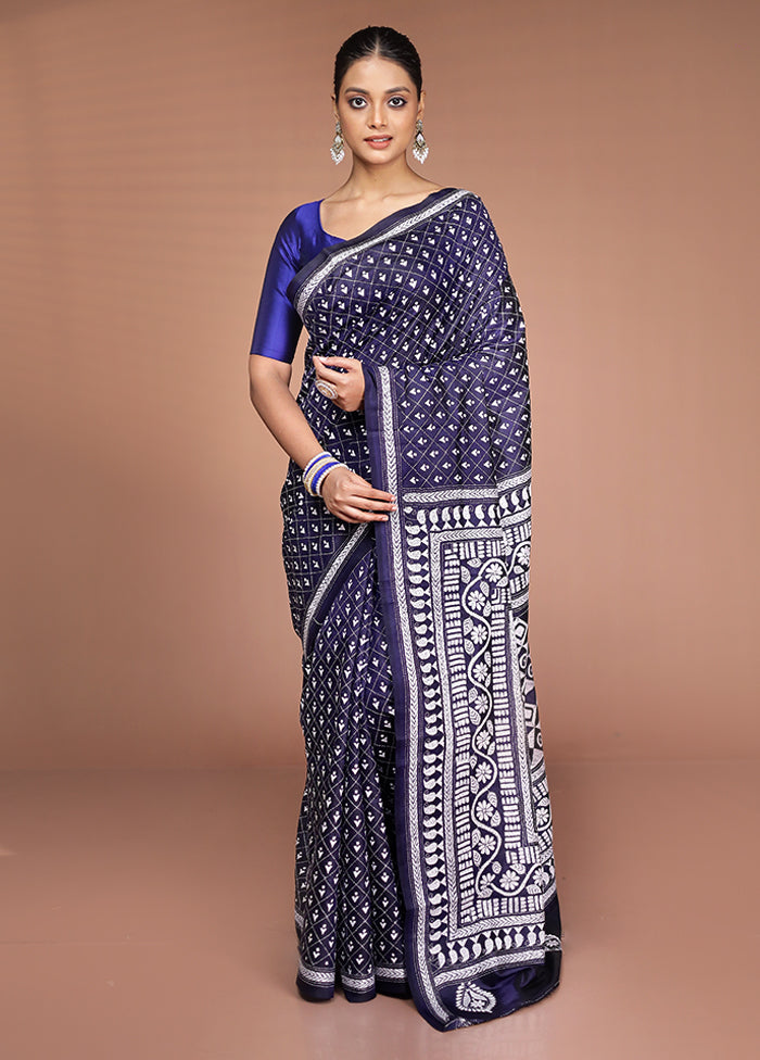 Blue Handloom Kantha Stitch Pure Silk Saree With Blouse Piece
