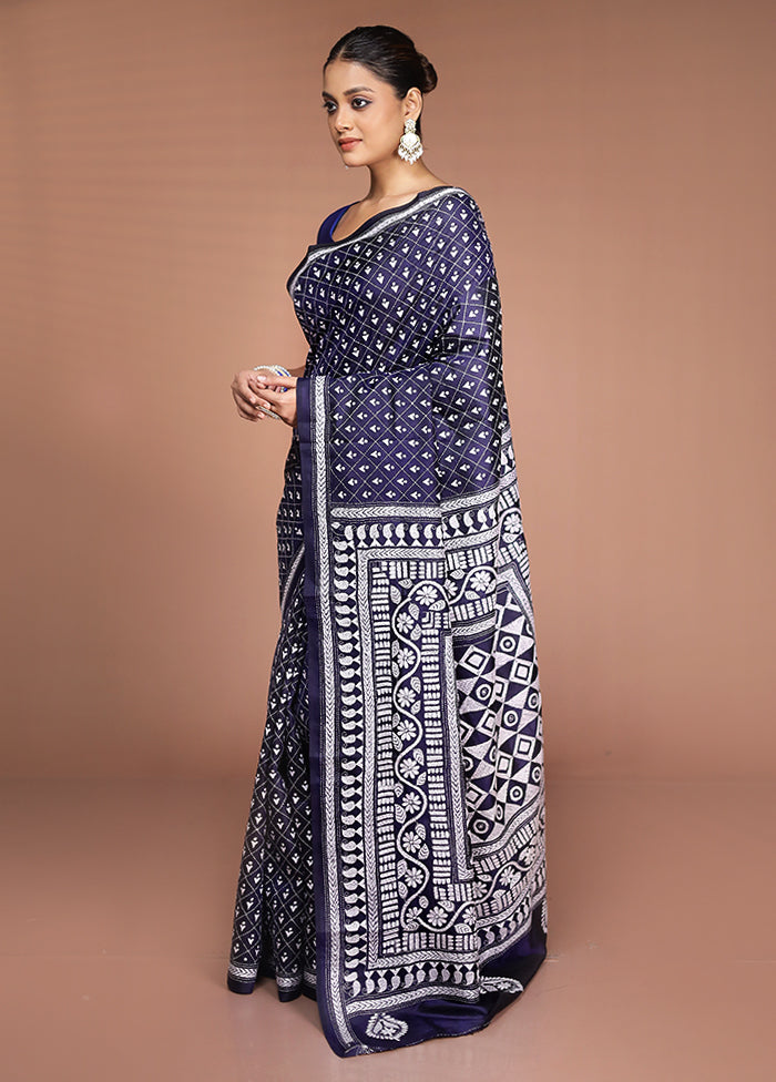 Blue Handloom Kantha Stitch Pure Silk Saree With Blouse Piece
