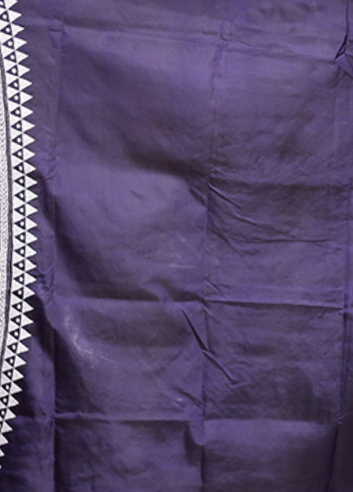 Blue Handloom Kantha Stitch Pure Silk Saree With Blouse Piece