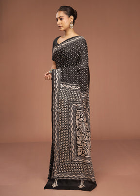 Black Handloom Kantha Stitch Pure Silk Saree With Blouse Piece