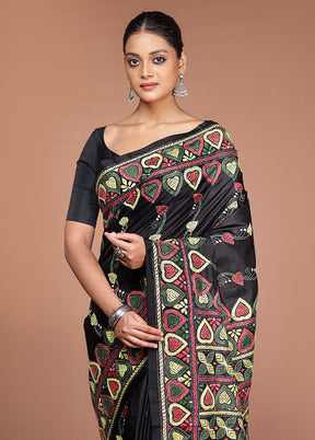 Black Handloom Kantha Stitch Pure Silk Saree With Blouse Piece