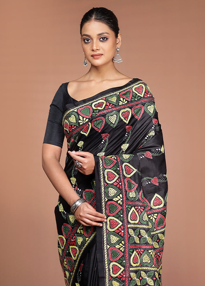Black Handloom Kantha Stitch Pure Silk Saree With Blouse Piece