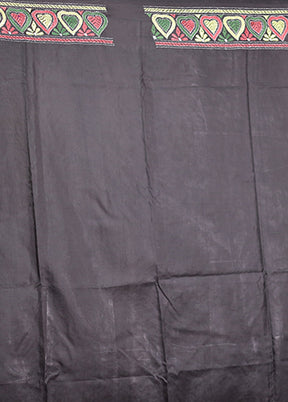 Black Handloom Kantha Stitch Pure Silk Saree With Blouse Piece