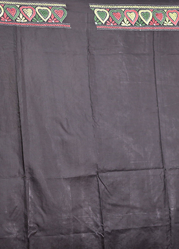 Black Handloom Kantha Stitch Pure Silk Saree With Blouse Piece